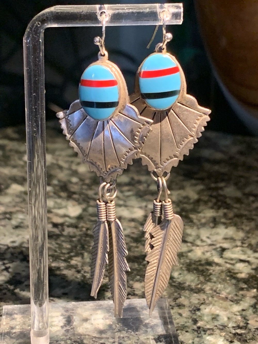 Vintage Native American Channel Inlay Feather Earrings